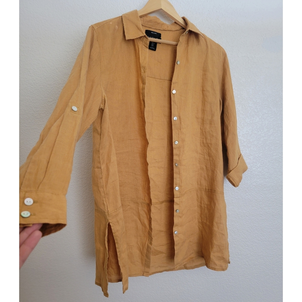 NWOT Tahari 100 Percent Linen Light Orange/yellow Button-Up Shirt Size Small